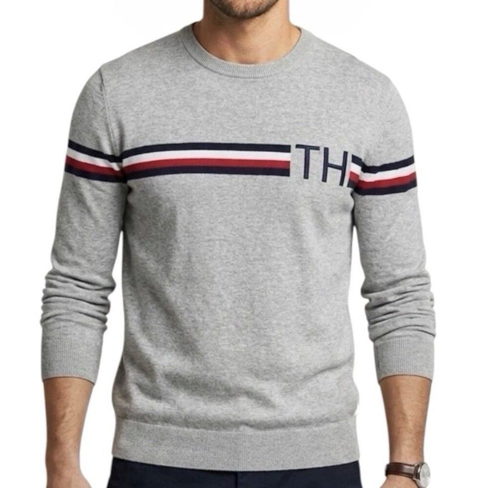 Tommy Hilfiger Mens Large Gray Cotton Sweater Crewneck Striped Collegiate Preppy